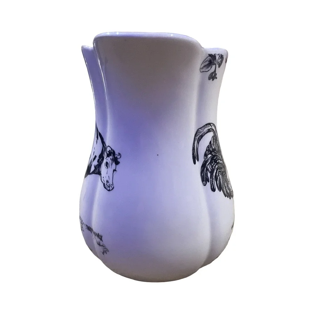 J. Willfred Farmhouse Ceramic Pitcher Cow and Rooster White Black Toile 9 Inch